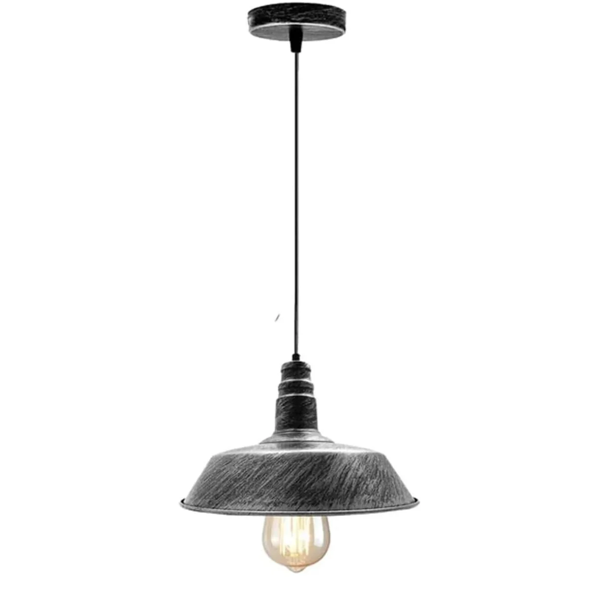 Metal pendant light with brushed silver shade, vintage style, small 10‑cm diameter dome, hanging on adjustable black wire