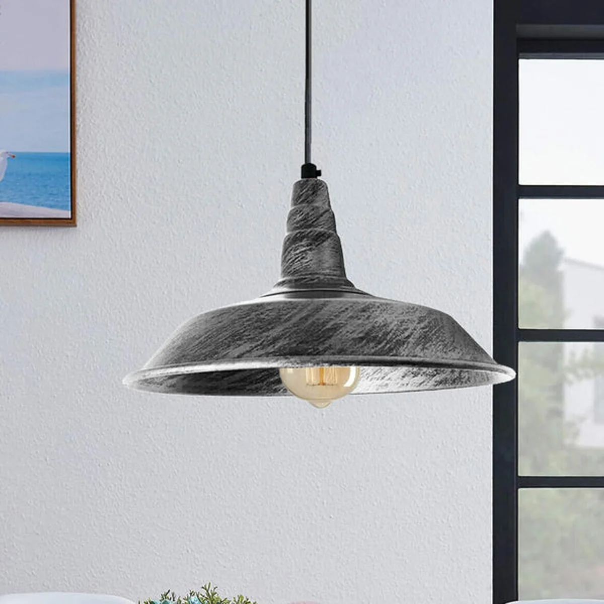 Brushed silver metal ceiling light shade suspended from wire, vintage style, 10 cm diameter.