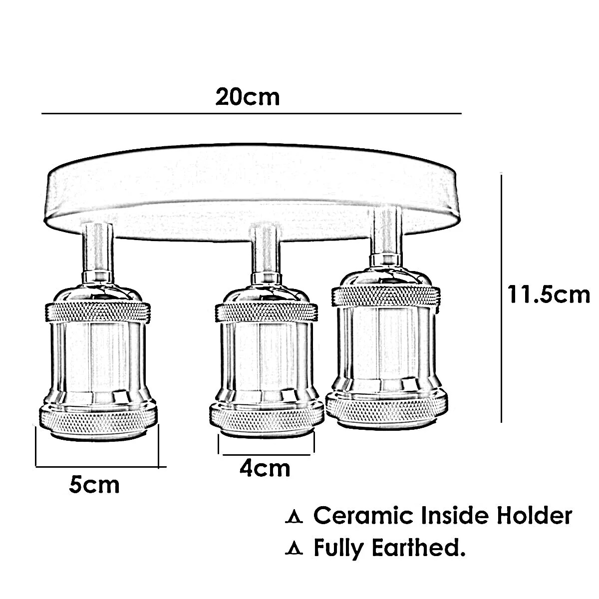 Shiny black 3‑way retro ceiling light with three metal E27 holders in iron finish