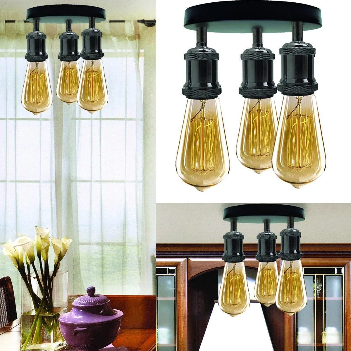 Shiny black iron retro ceiling light with three Edison-style bulbs, hardwired, 3‑head layout