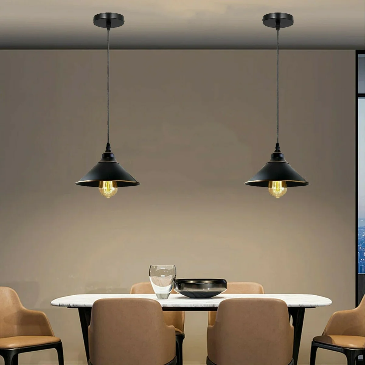 Industrial pendant light with black metal cone shade, 10 cm rose, 95 cm adjustable hanging, E27 holder