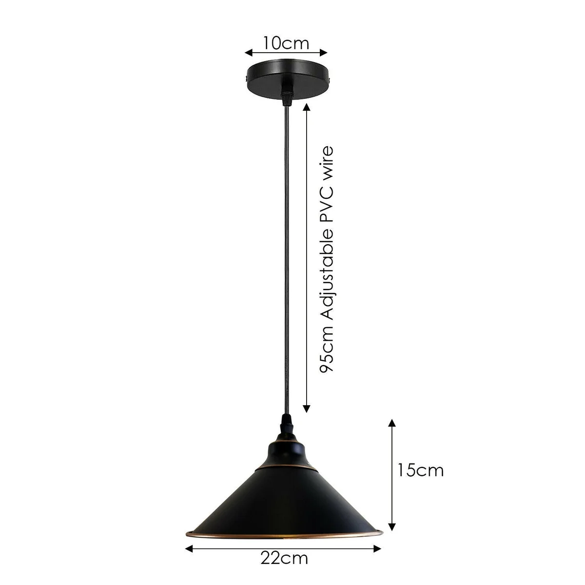 Round black metal pendant with antique hand‑painted finish, 10 cm diameter cone shade hanging from ceiling.