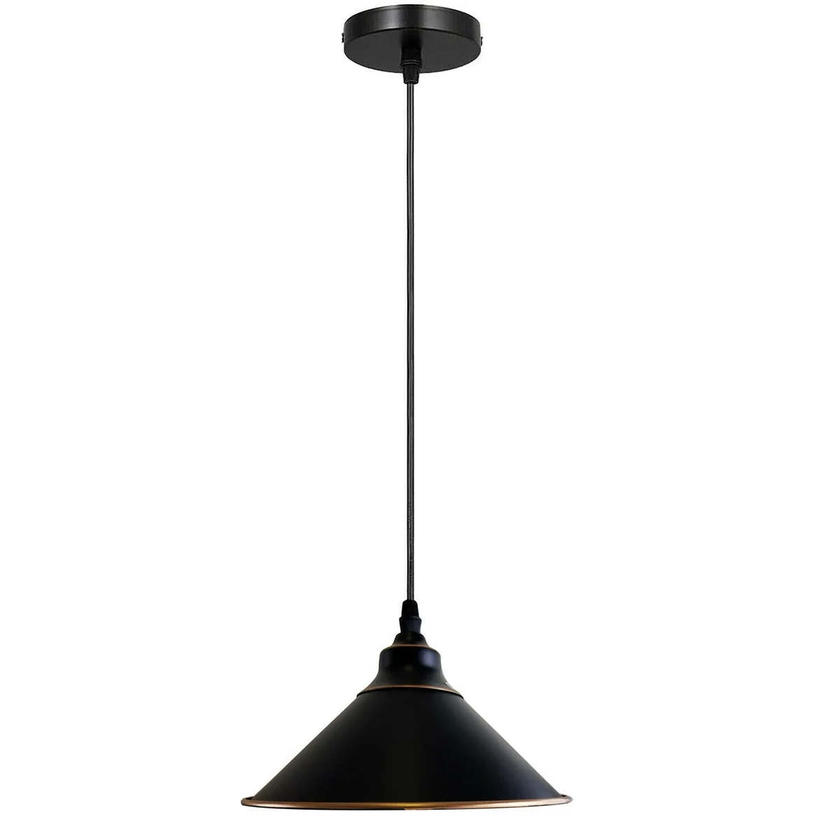 Retro ceiling light with round black metal cone shade hanging from a 10 cm diameter ceiling rose.