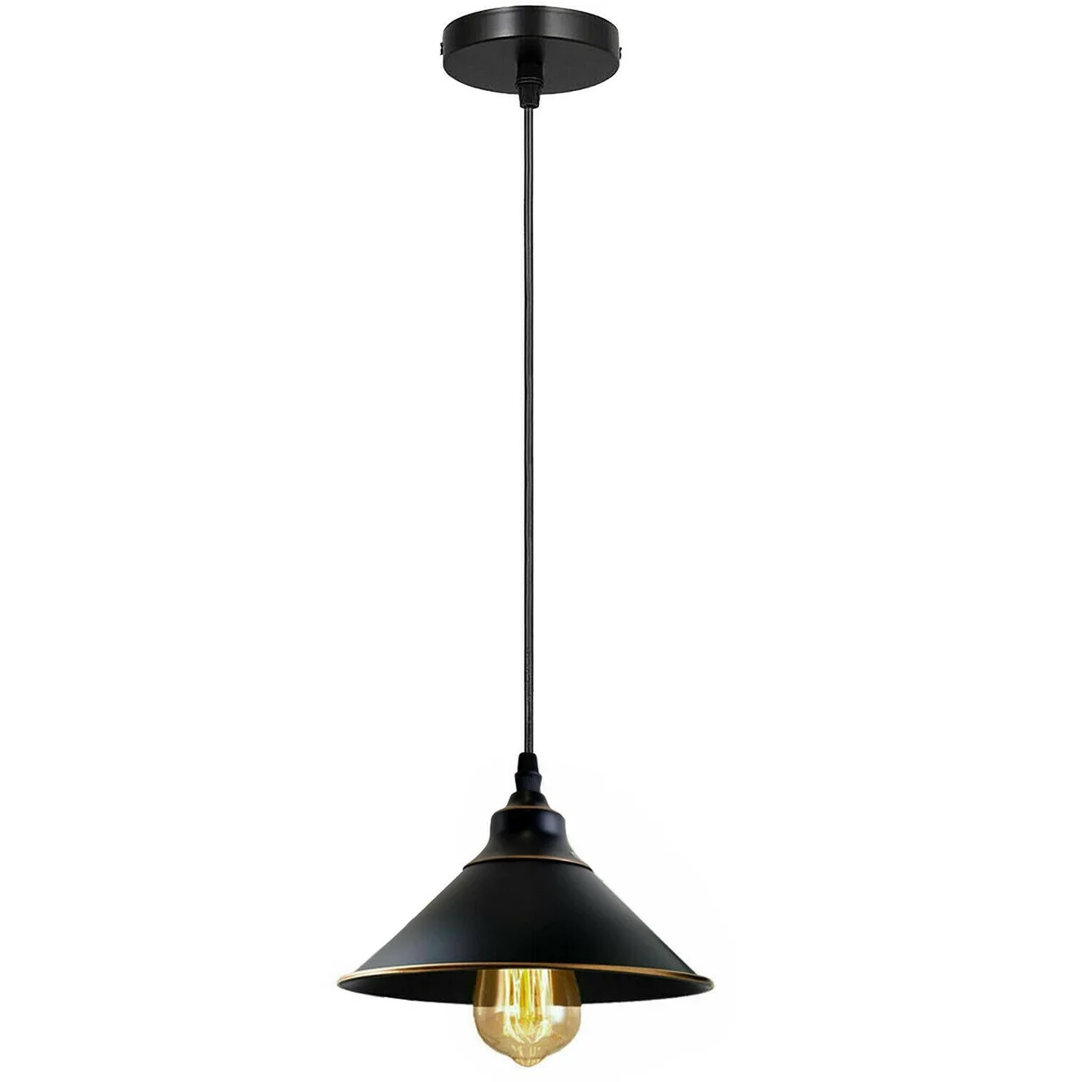 Retro industrial black metal E27 pendant lamp with round shade, 95 cm hanging cable, ceiling rose included.