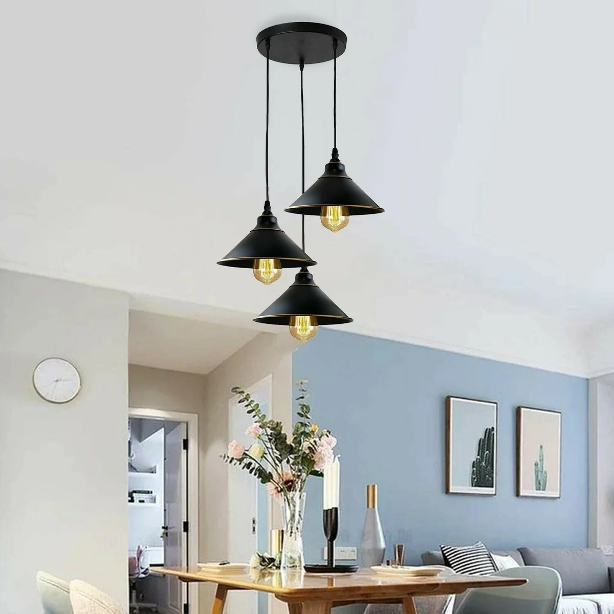 Triple black metal industrial pendant light with antique hand‑painted finish on a 20 cm ceiling rose, 3 E27 fixtures.