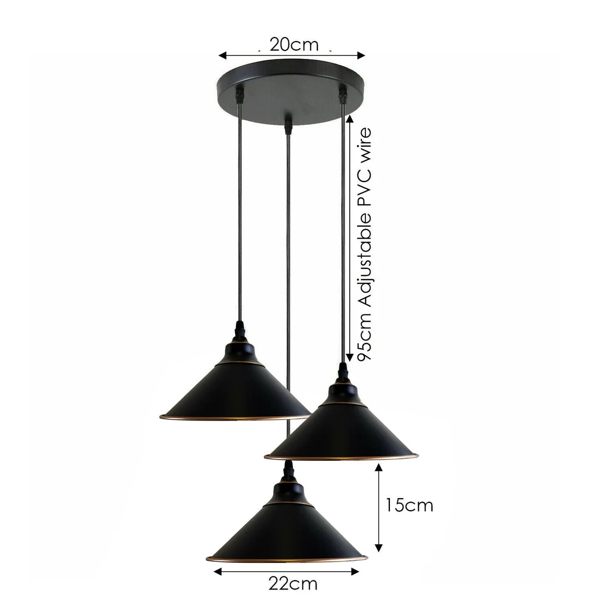 Three black metal pendant lights with antique finish, suspended from ceiling rose – 3‑head vintage pendant light set.