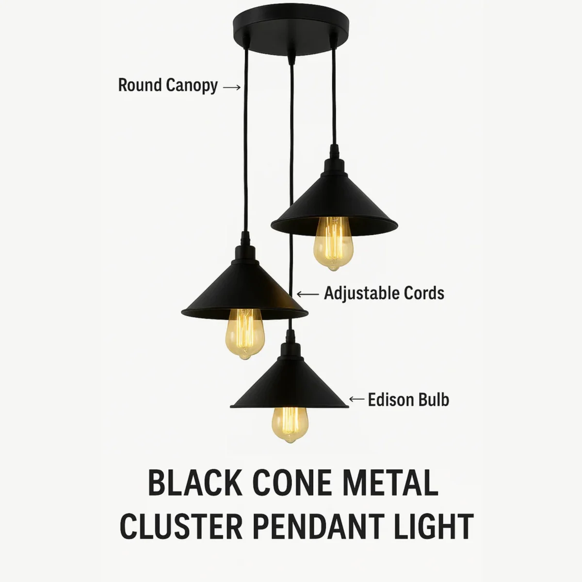 Three black metal pendant lamps with antique hand-painted finish hanging from ceiling, forming a 3 head ceiling lamp.