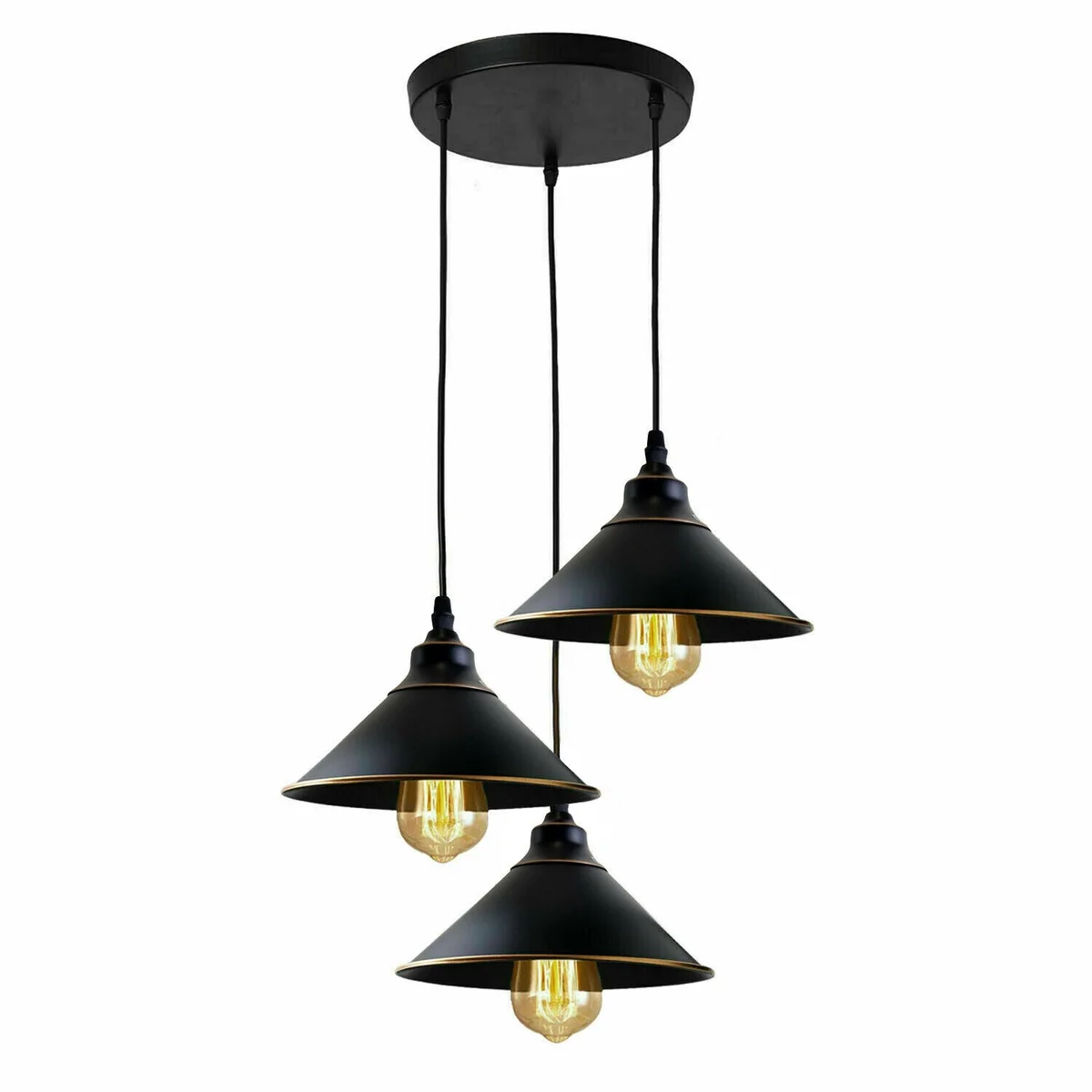 Three black metal pendant lights hanging with adjustable cables from a ceiling rose, showcasing retro industrial style.