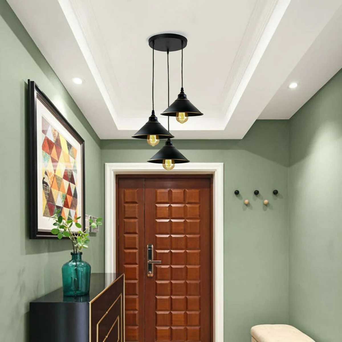 Black ceiling light with three metal pendant heads, vintage industrial style, hand‑painted finish