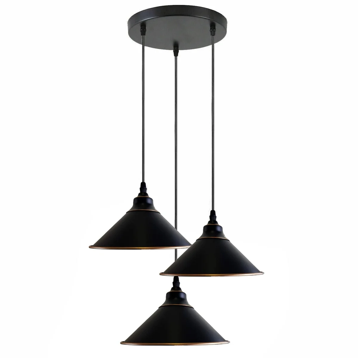 Three black metal pendant light shades hanging in industrial style, showcasing retro industrial lighting.