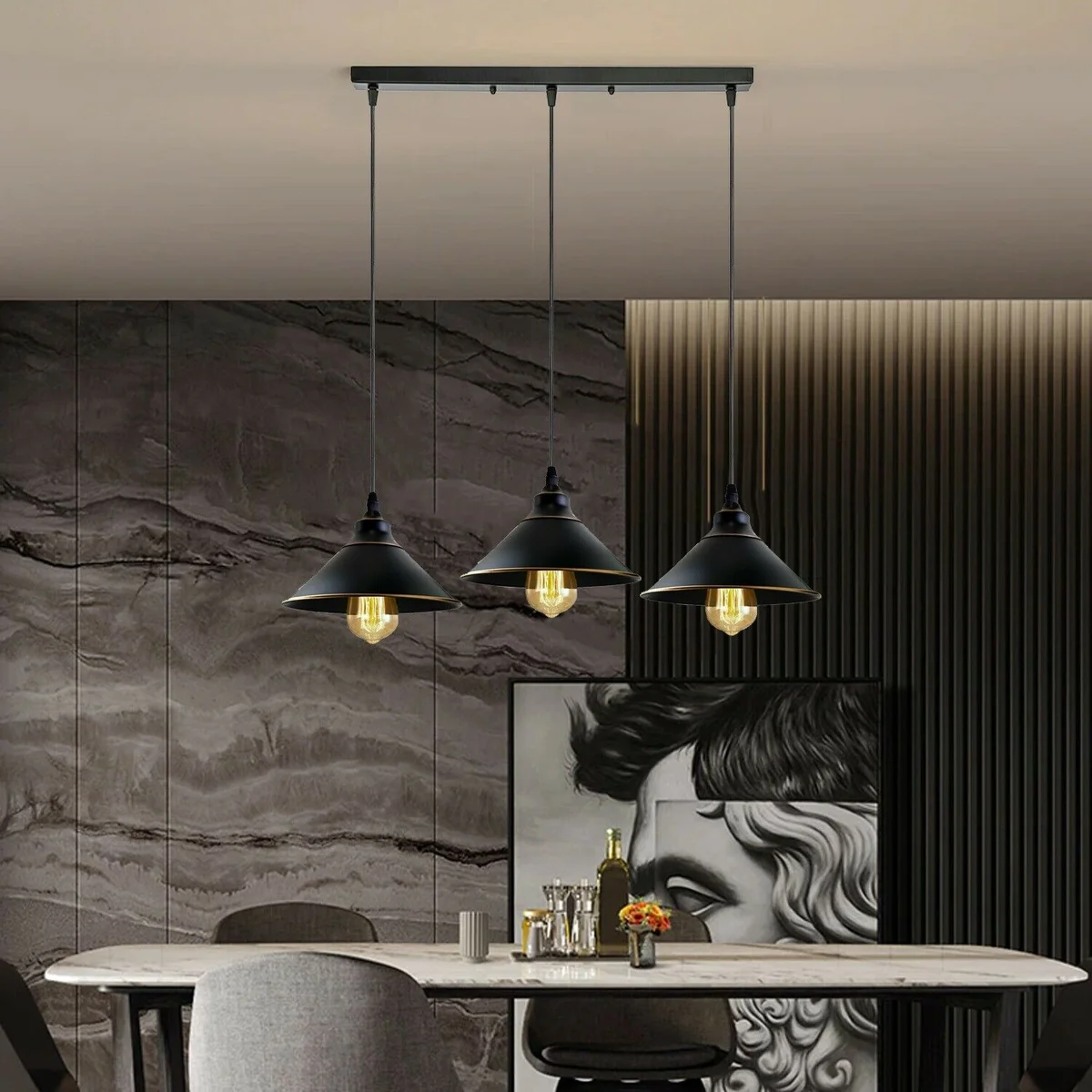 black cluster pendant light with three black metal shades hanging from a 50cm ceiling rose, Edison fittings.
