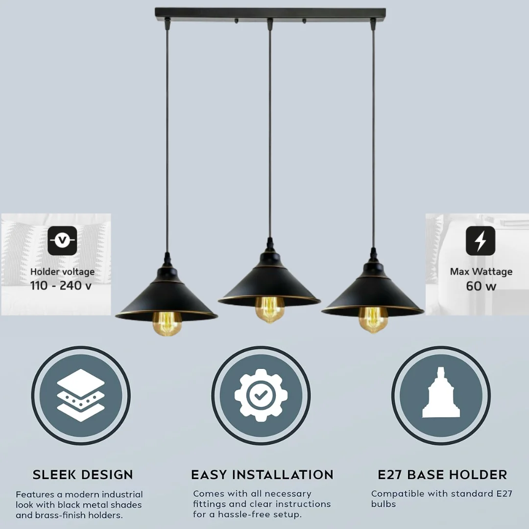 3 bulb pendant light with black metal shades and Edison fittings, industrial cluster hanging from ceiling.