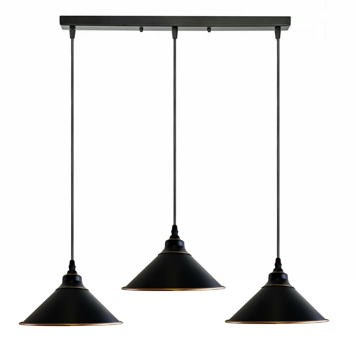 Retro industrial lighting, black metal pendant with three black shades, E27 Edison fittings, 95 cm cable.