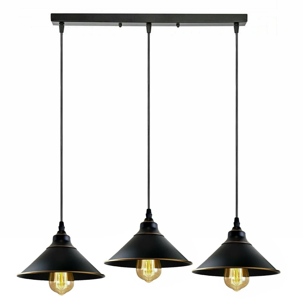 Industrial triple cluster E27 pendant light with black metal shades and antique painted finish, featuring three arms rose.