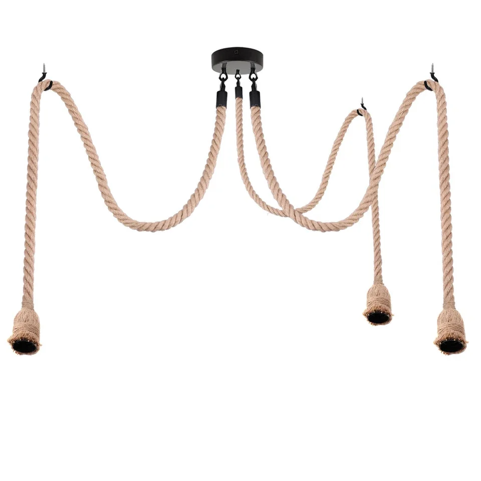 Industrial hemp rope pendant light with 3 braided hemp cables and metal spider frame hanging from ceiling.