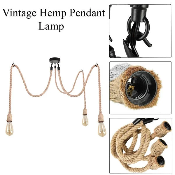 Industrial pendant light with braided natural hemp rope cords, two or three LED heads, metal rose fixture