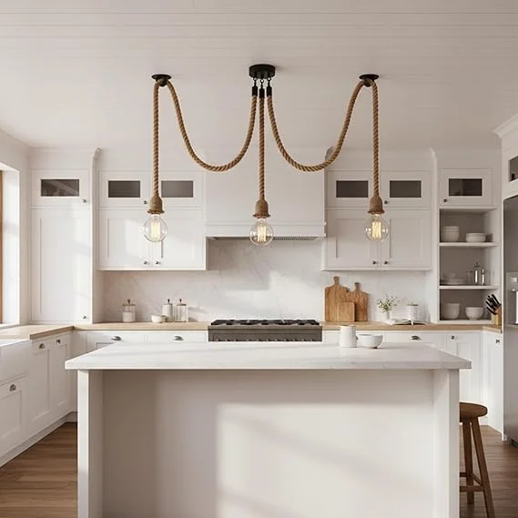 Multi-head ceiling light with braided hemp rope cables, metal spider design, industrial vintage style.