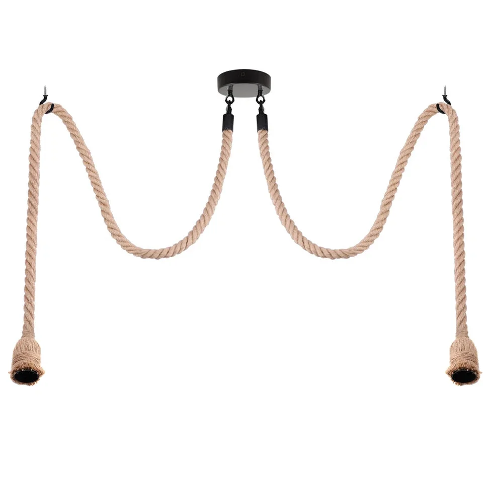 E27 spider pendant with layered hemp rope strands hanging from a metal ceiling rose