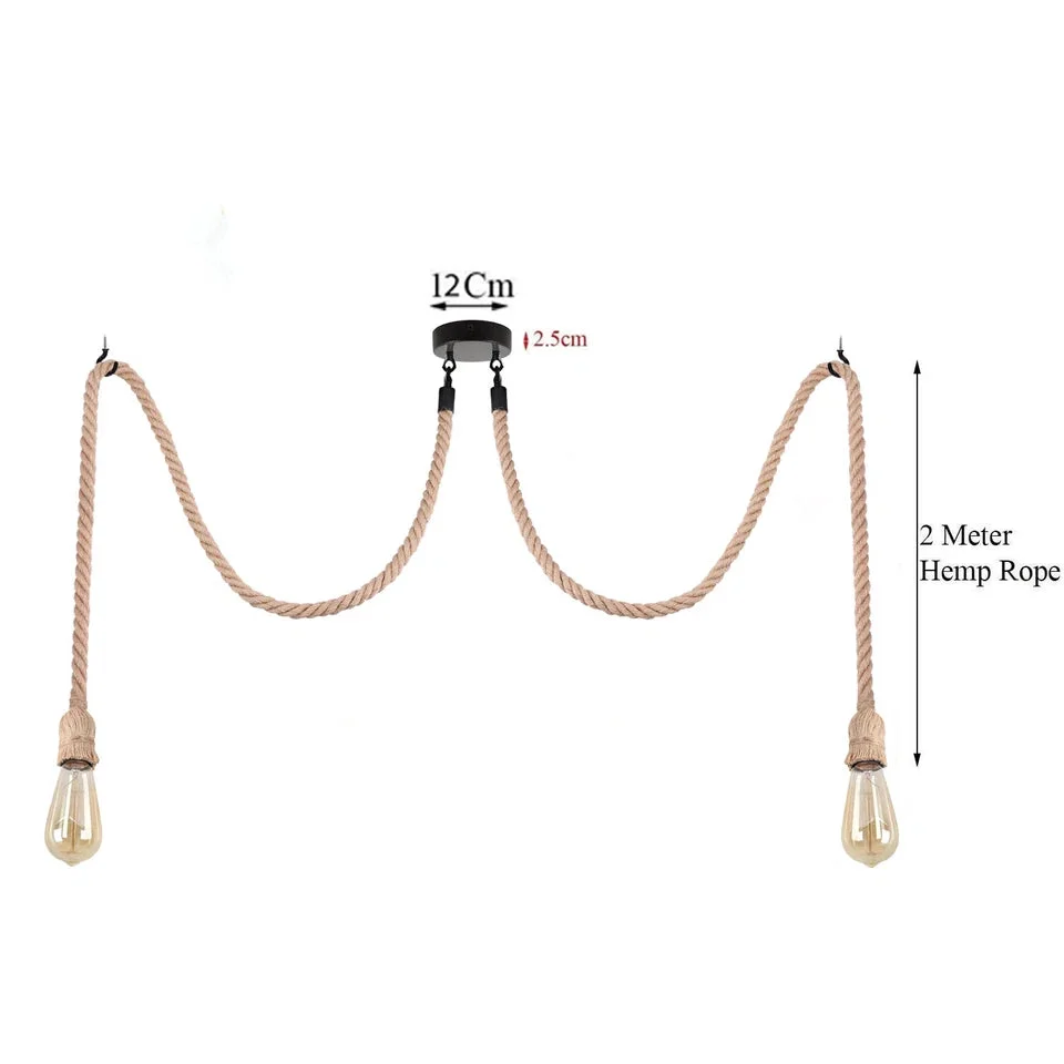 Hemp rope pendant light with multi‑head spider design, metal rose, and 200 cm braided natural hemp cables.