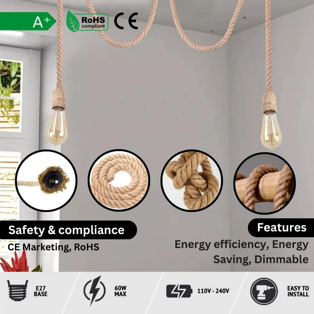 Vintage hemp rope pendant light, braided natural hemp cables, 2‑head spider pendant hanging from ceiling.