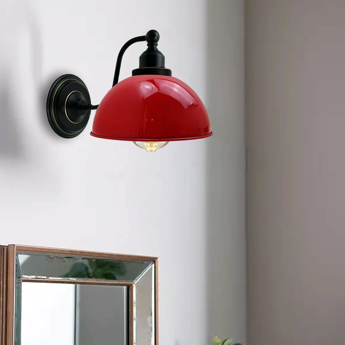 21 cm metal vintage dome sconce, copper interior, curved mounting arm, bold colour, wall mounted.