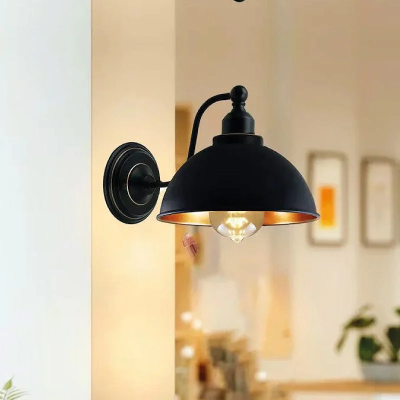 21cm metal dome industrial wall light with curved arm, copper interior and bright red shade