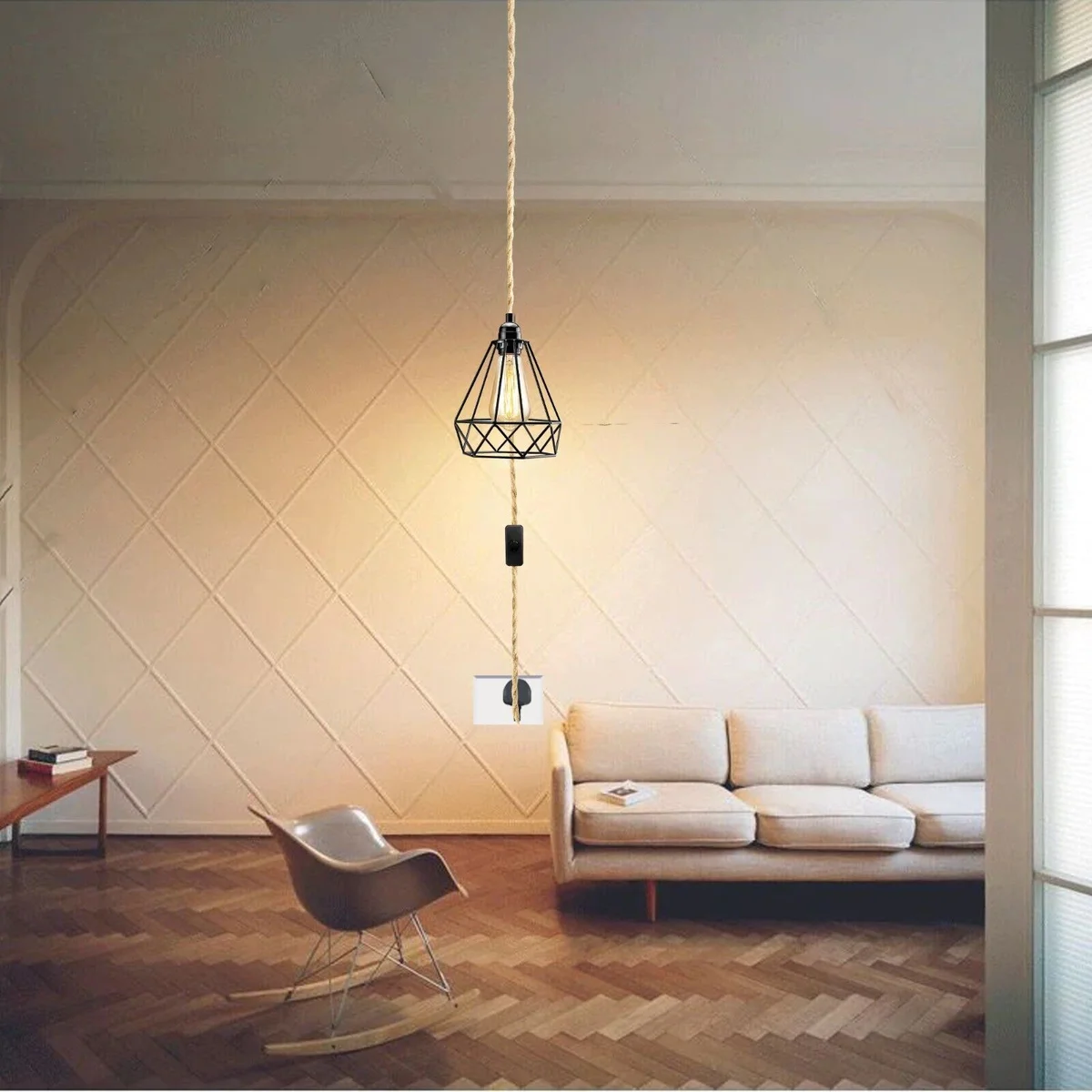 Black metal cage industrial pendant light with 2m cord, plug‑in, optional bulb, suited for kitchen or dining