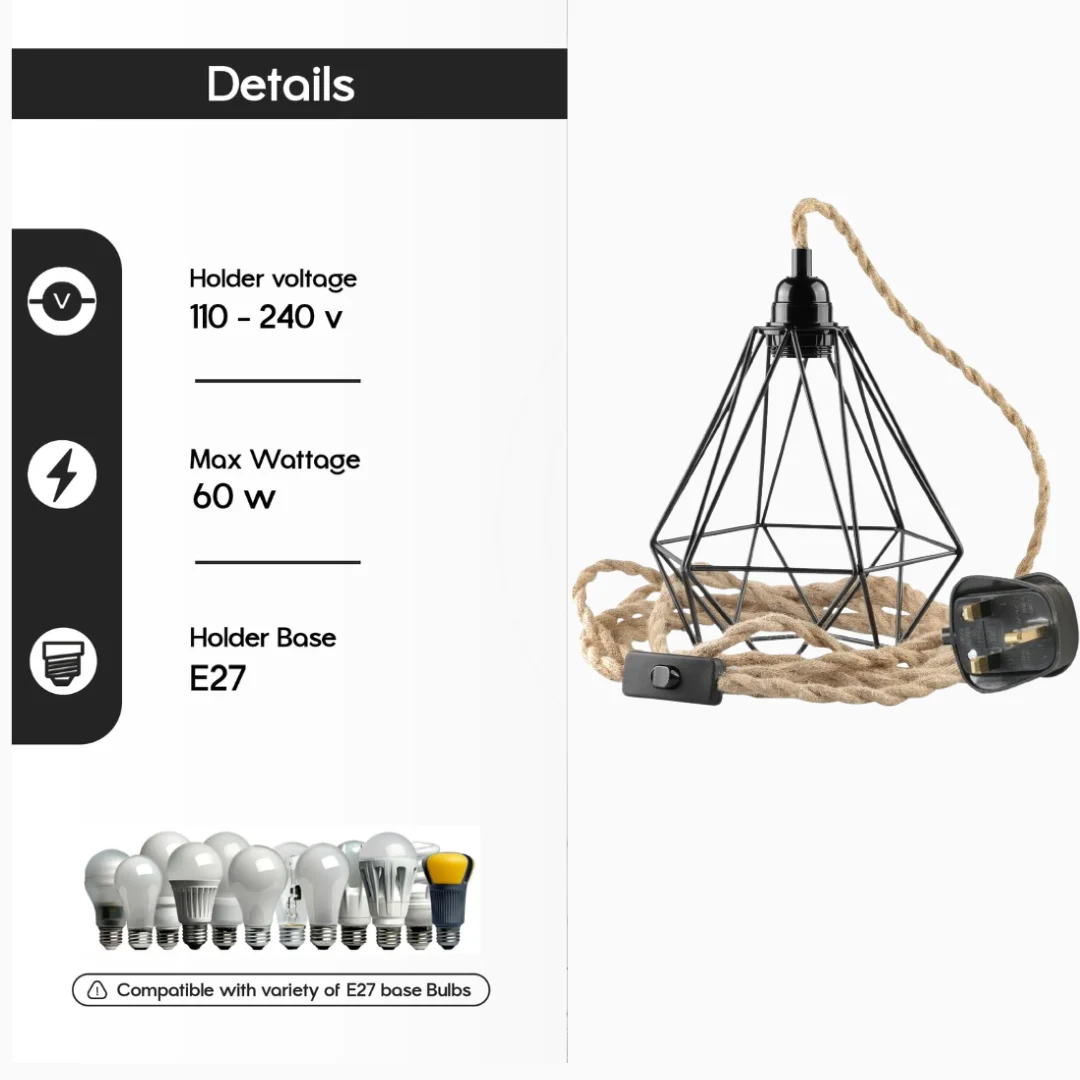 Metal cage pendant light in black, hanging with 2m cord, diamond cage design, industrial style.