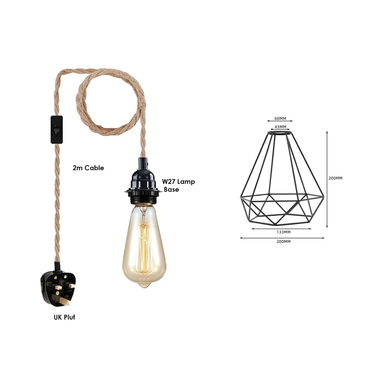 E27 hanging light with metal diamond cage frame, black finish, 2‑m cord, industrial style pendant.