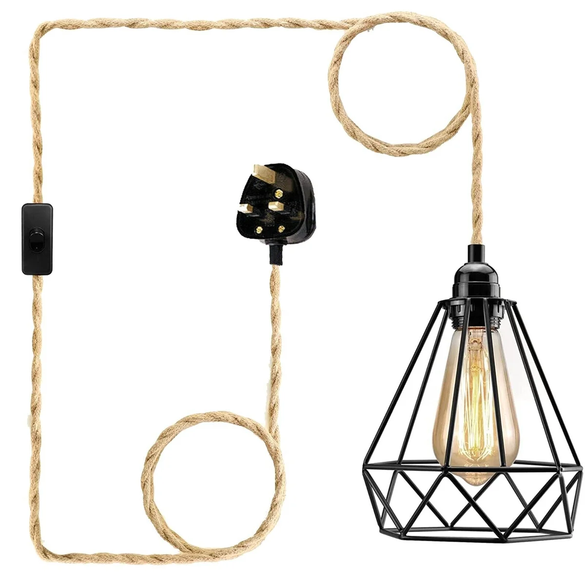 Black pendant lamp with metal cage frame, industrial style, adjustable 2‑metre cord, hanging from sturdy metal holder.
