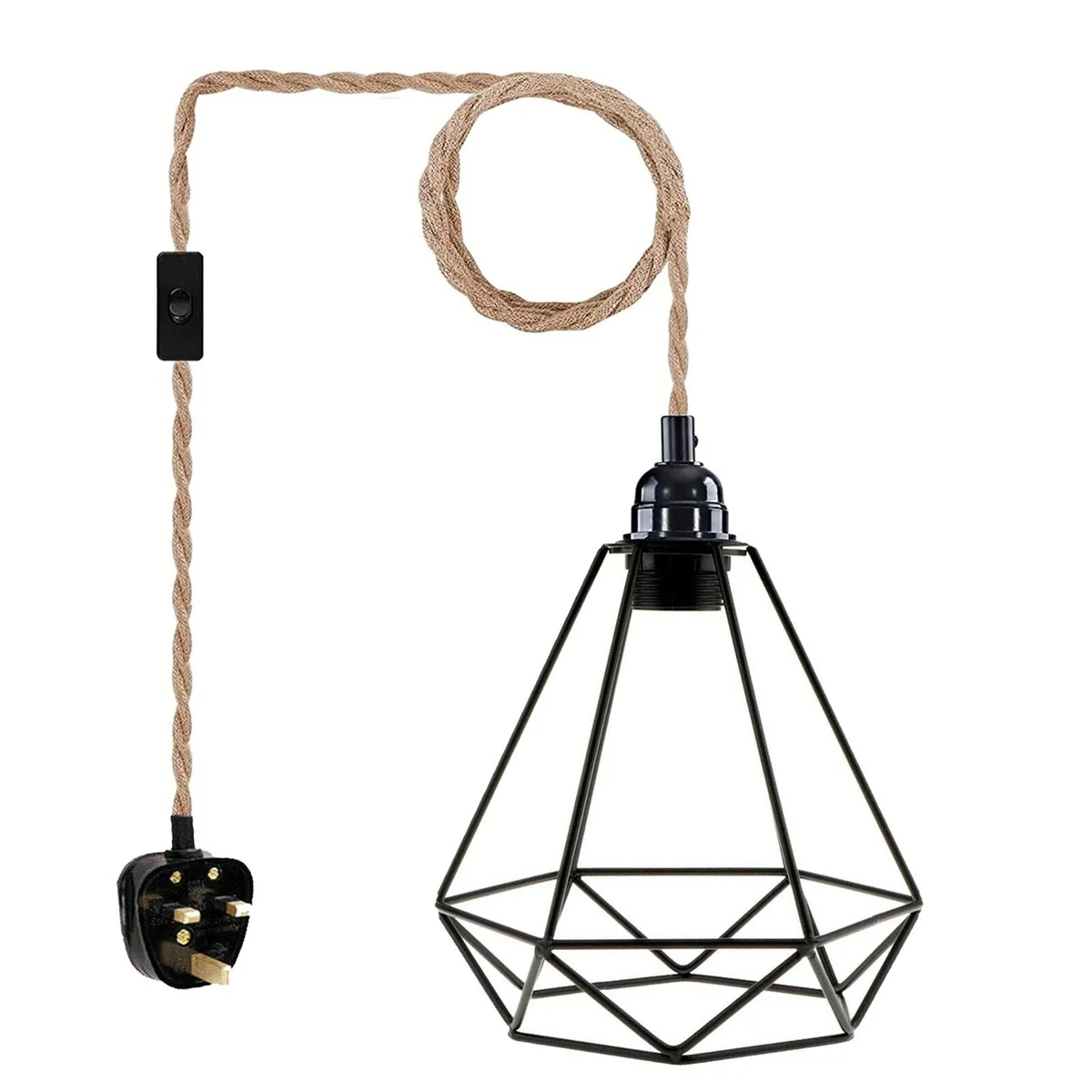 Black metal cage pendant light with fabric shade, 2m cable, suitable for kitchen dining lighting.