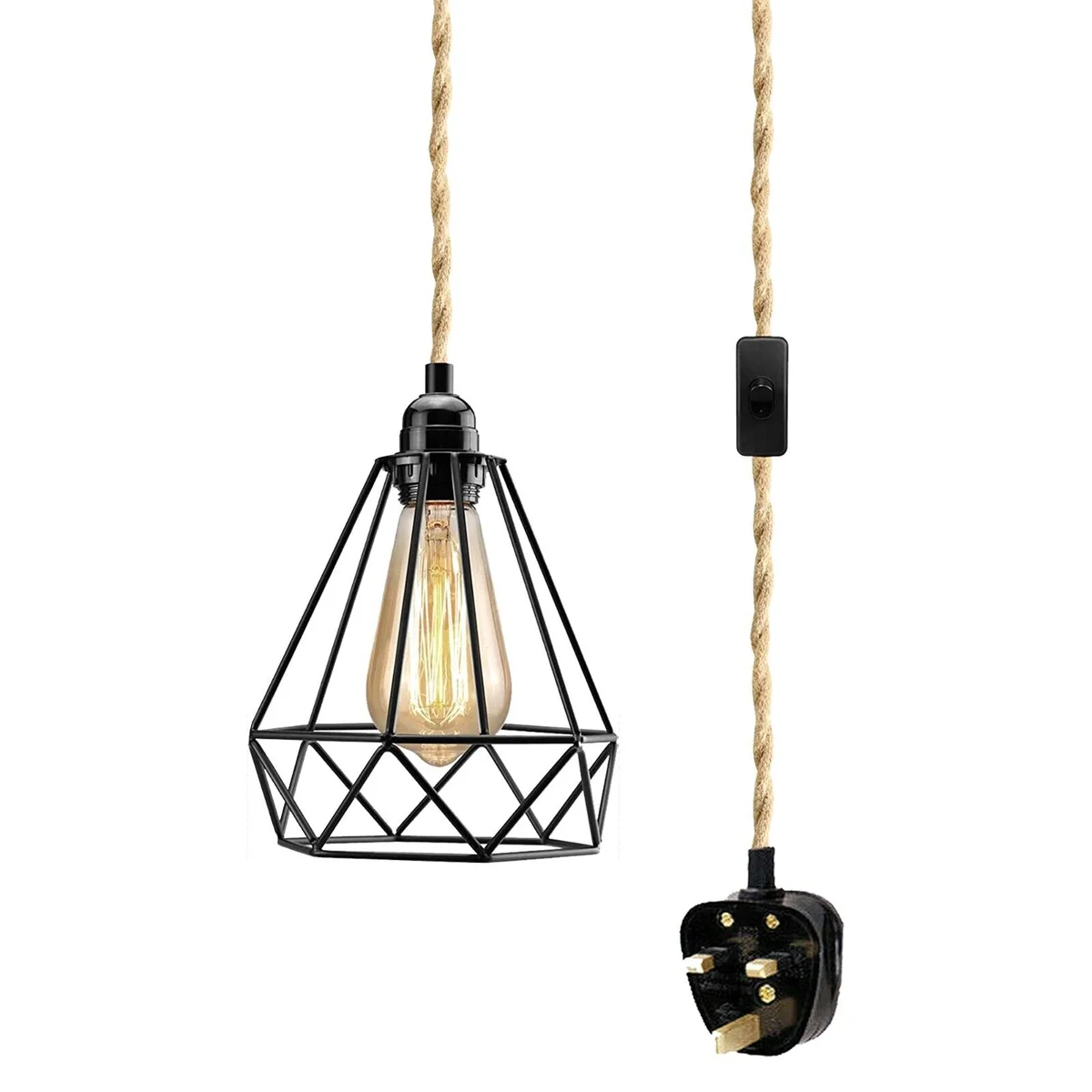 Black industrial pendant light with metal cage frame and 2m hanging cord, styled for kitchen or dining.