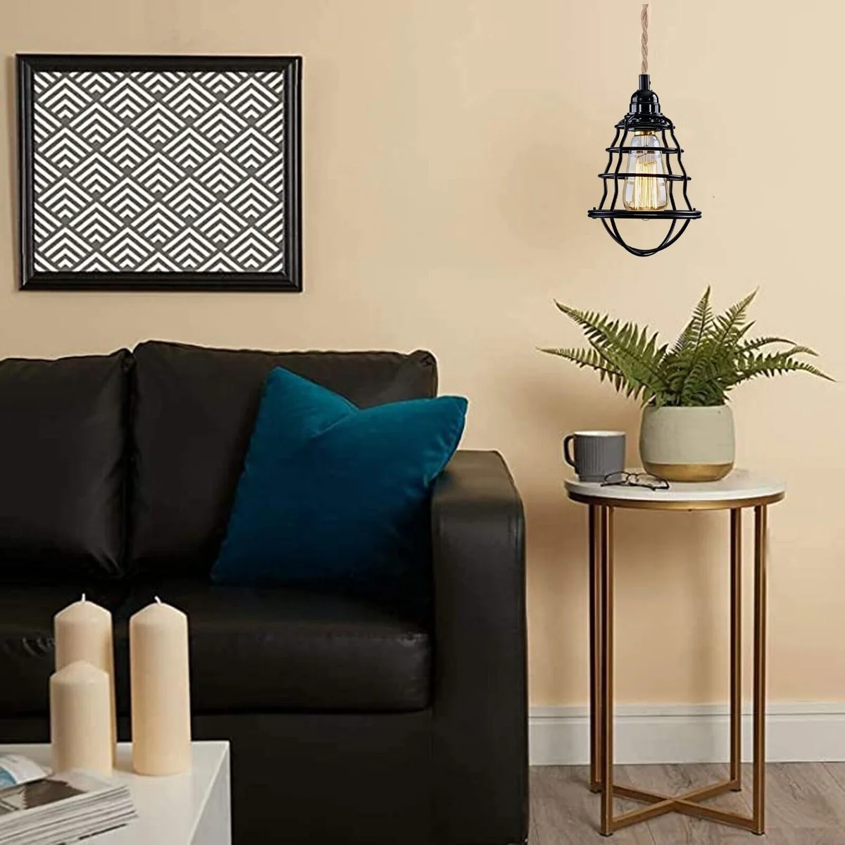 Fabric hemp cable lamp – black pendant with metal cage frame, adjustable 2m hemp fabric cable, UK plug