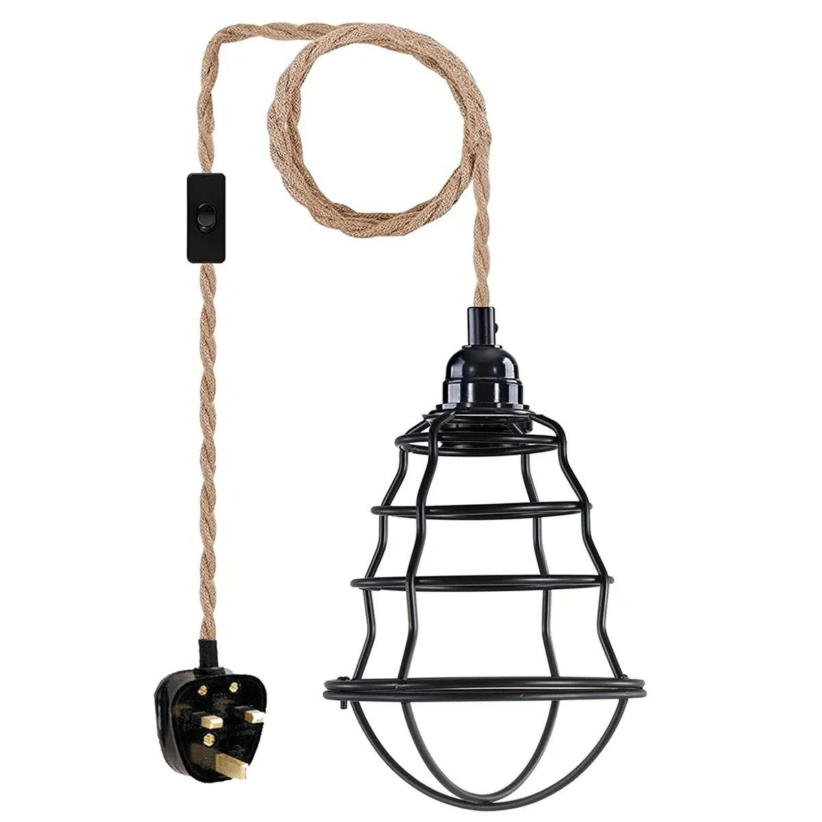 Black E27 pendant light with hemp‑covered cable and metal cage frame, hanging with a UK plug, ready for plug‑in use.