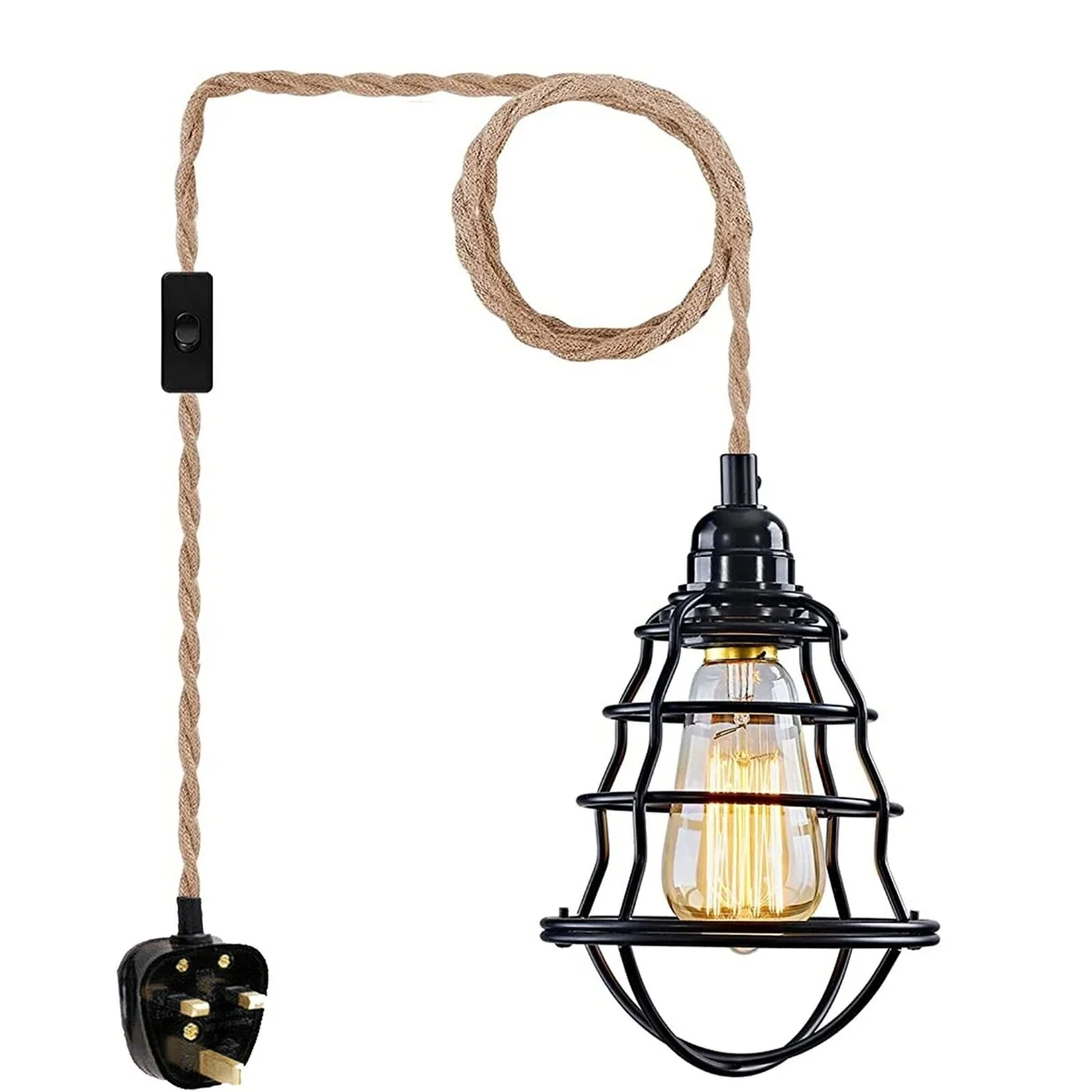 Black adjustable cord pendant lamp with hemp fabric‑covered cable and sleek metal cage frame, ready to plug in.