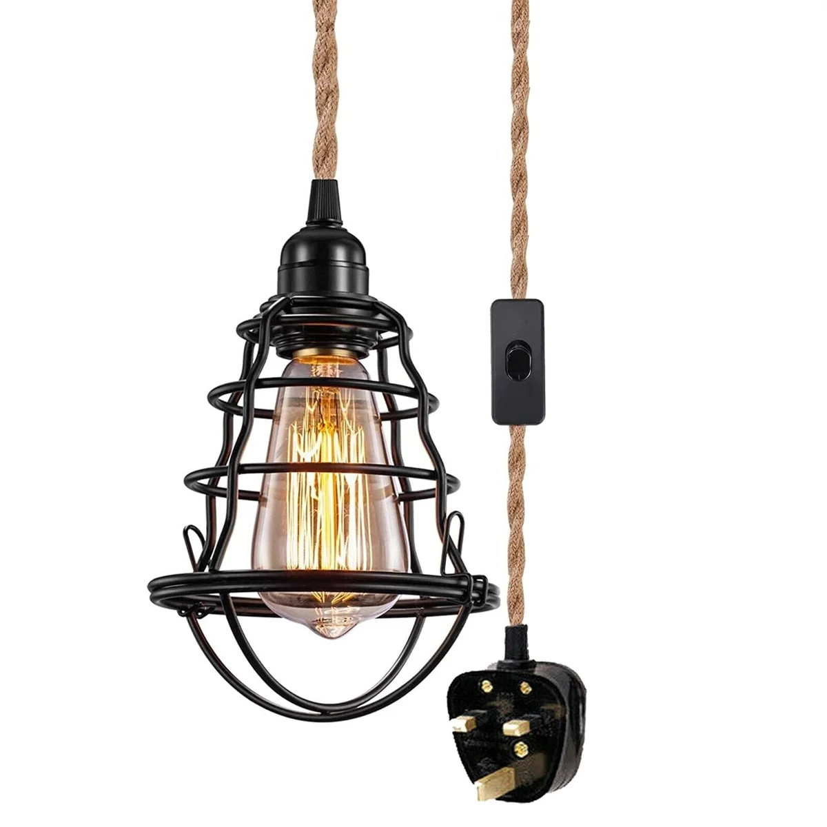 Black plug‑in pendant lamp with hemp‑covered flexible cable, metal cage frame and UK plug, ready to hang over a reading nook.