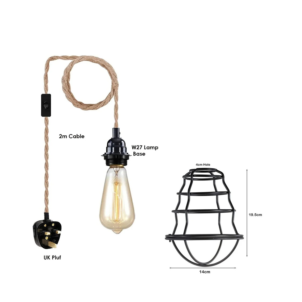 Black plug‑in pendant lamp with hemp‑cable and metal cage, featuring a sleek E27 holder and UK plug.