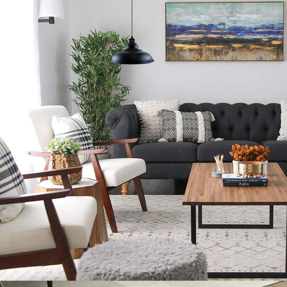 Black metal ceiling lamp with white interior shade, sleek dome pendant hanging from ceiling with adjustable angle.