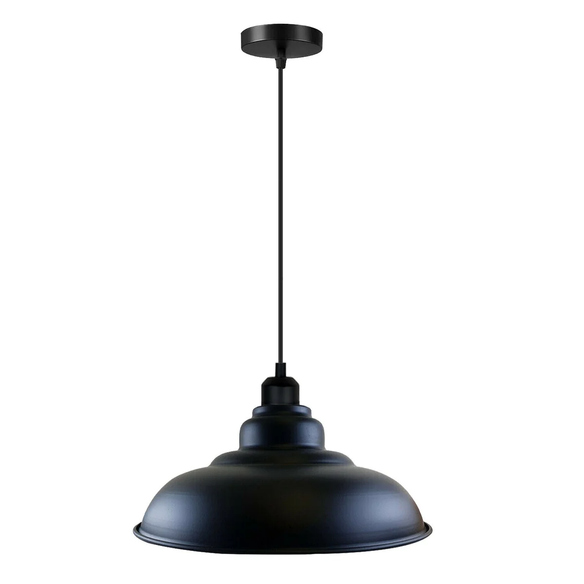 Black metal ceiling lamp with simple dome pendant, angled design for sloped ceilings, white interior hood for illumination