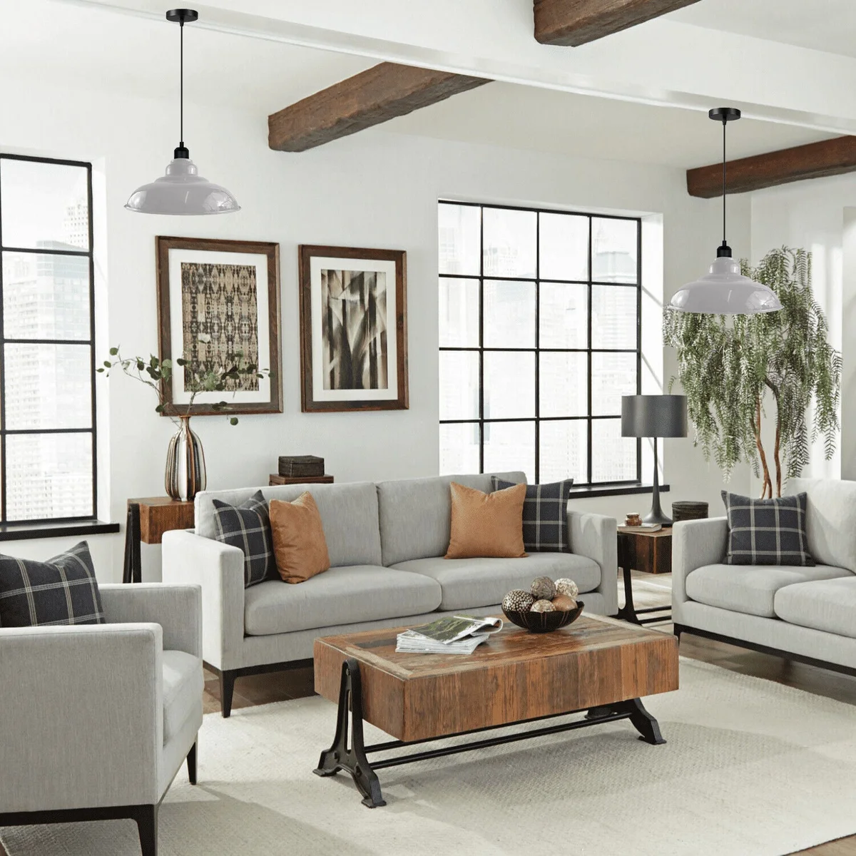 White dome modern ceiling light shade with angular black holder hanging from 95cm cable, painting finish for a modern look