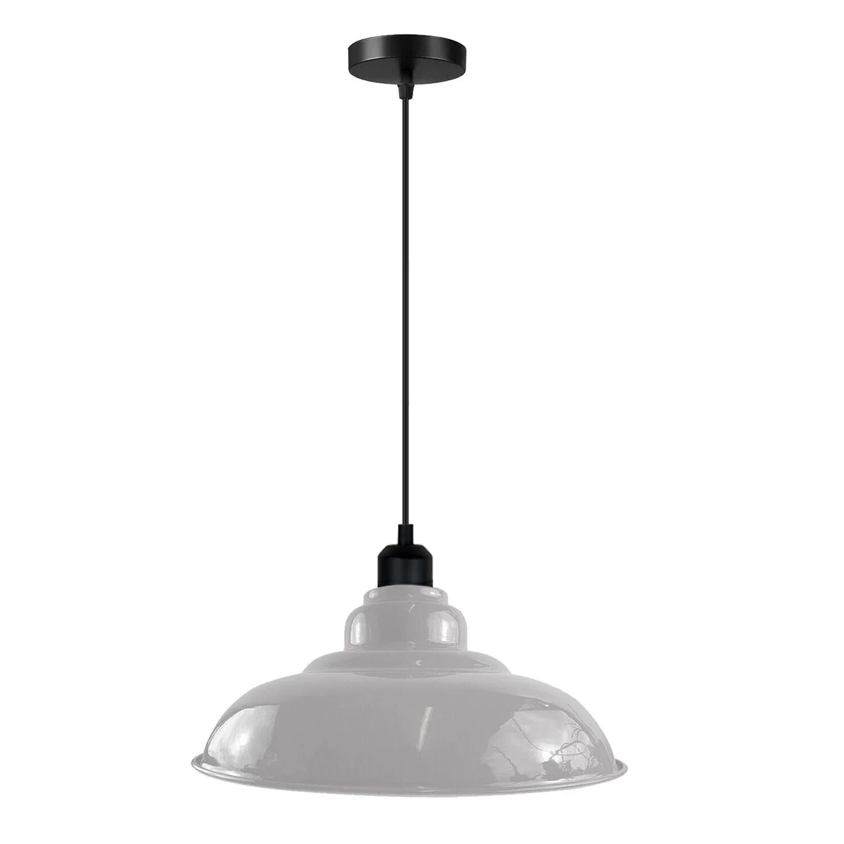 Modern white dome pendant with a black lamp holder, angled for sloped ceilings, featuring a white inside hood for bright illumination.