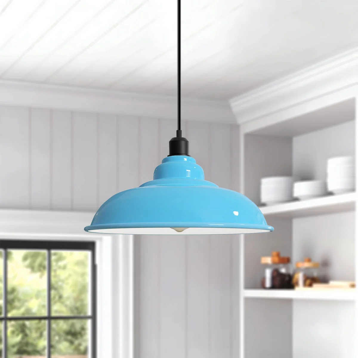 Blue pendant light with painted dome, white interior, angled metal hood, 95cm cable, suitable for kitchen island or bar.