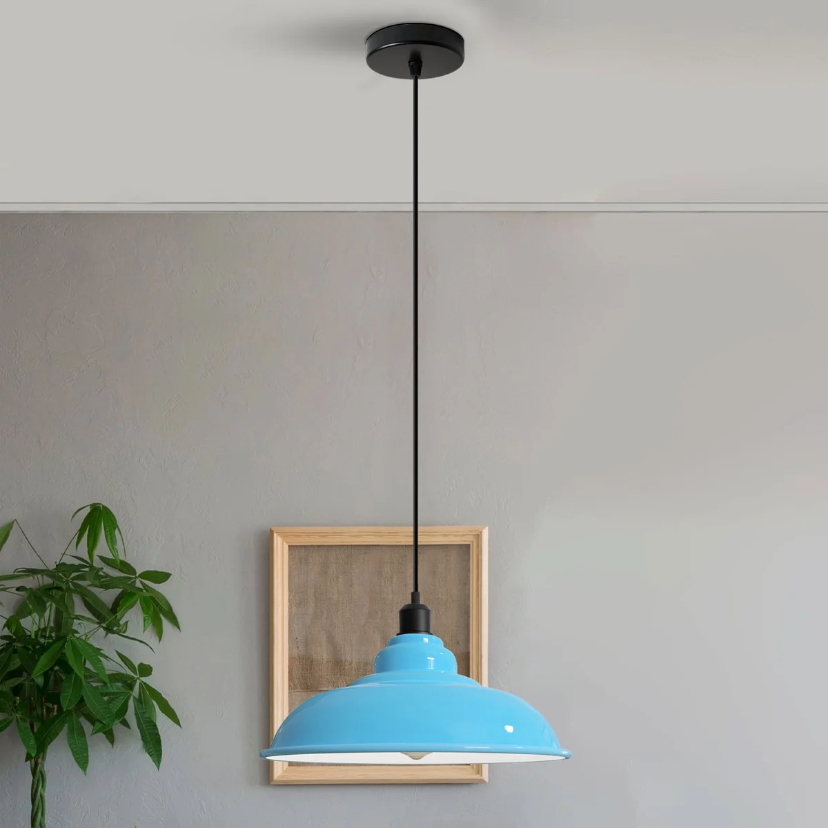 Blue modern pendant lamp with sleek dome shade, white interior, metal base, 95cm cable, suitable for kitchen islands or bars.