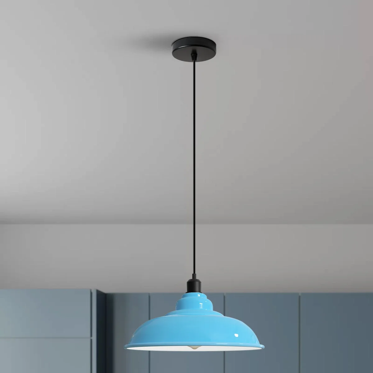 Blue pendant light with a painted dome, white inside, angled base, 95cm cable, suitable for kitchen or bar.