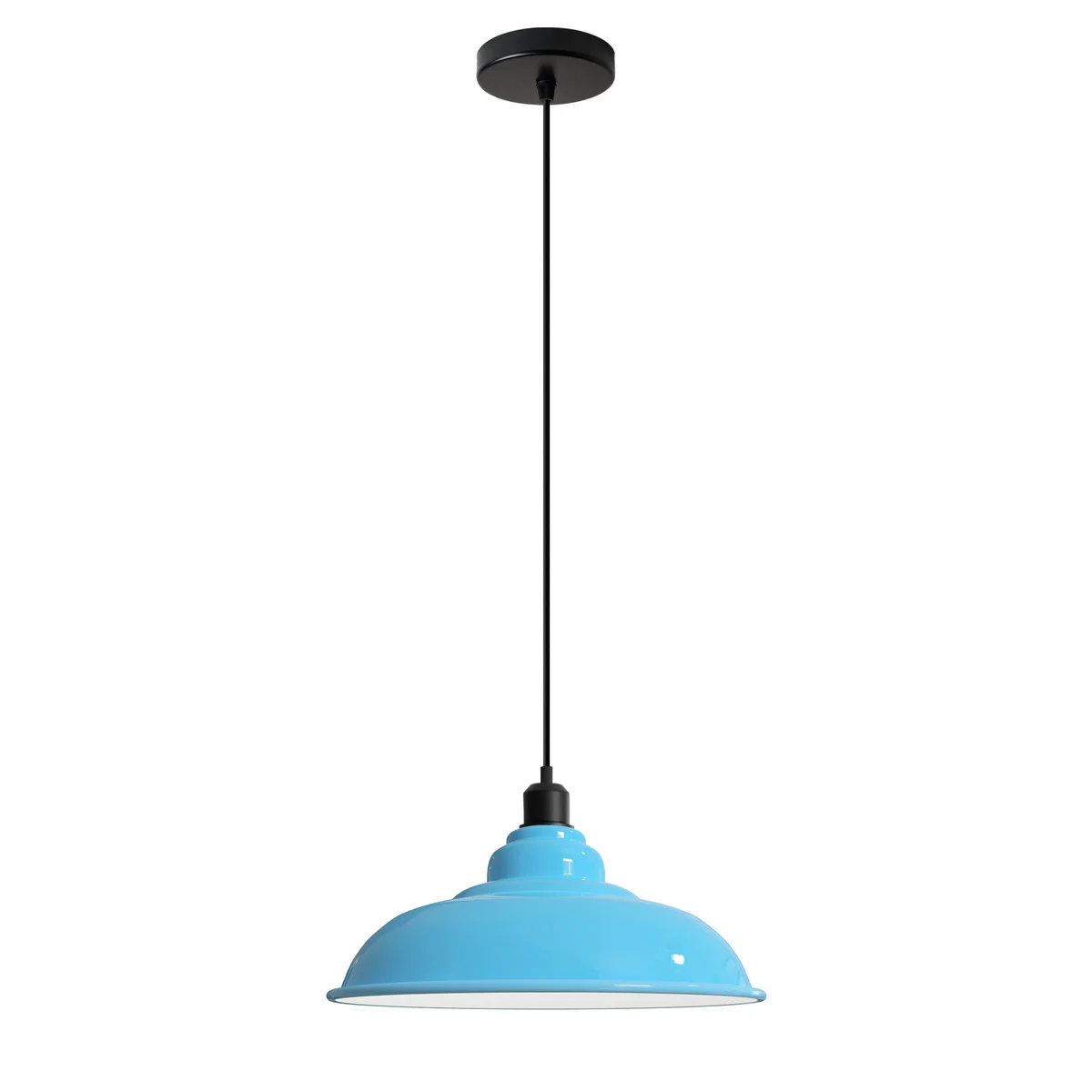 Blue pendant light with sleek dome and white inside hood, angled base, 95cm cable visible.