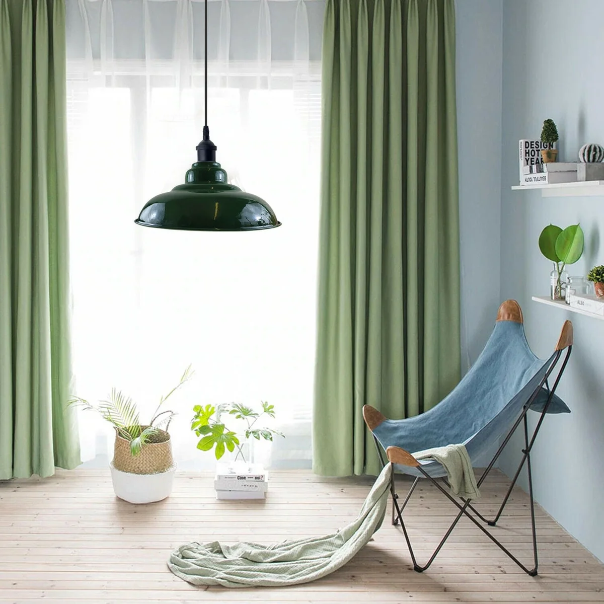 Green pendant lamp hanging from ceiling with vintage metal barn shade and E27 ring, 95cm cable, bright industrial style.