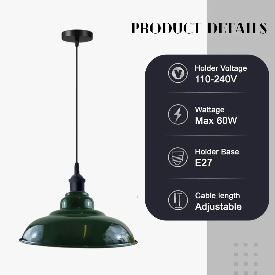 Green slotted metal barn‑style E27 pendant lamp hanging with PVC wire, 95cm cable, 10cm shade suitable for kitchens