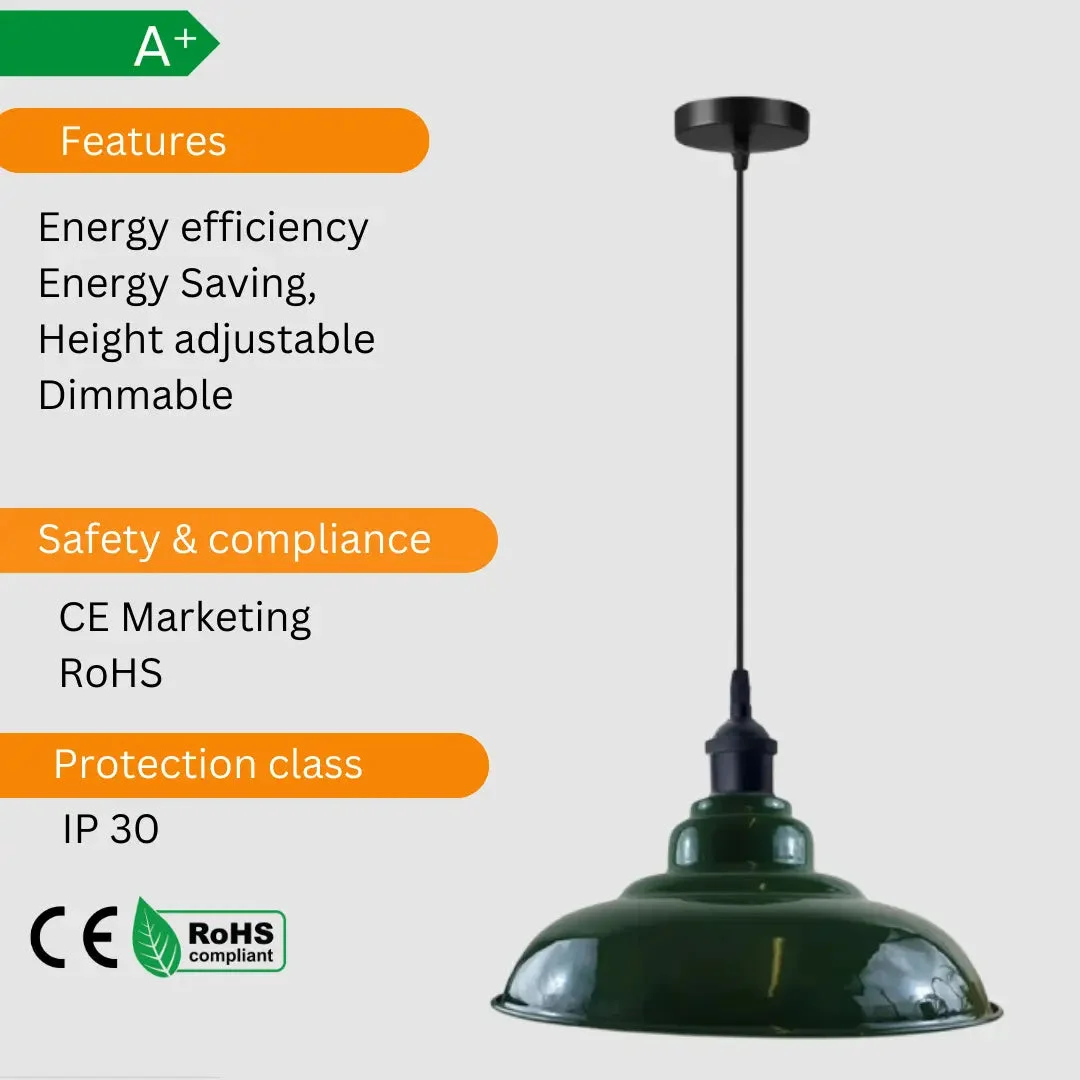 Green pendant lamp with slotted metal barn shade, 32cm height, and E27 socket, hanging indoors as an indoor hanging light.