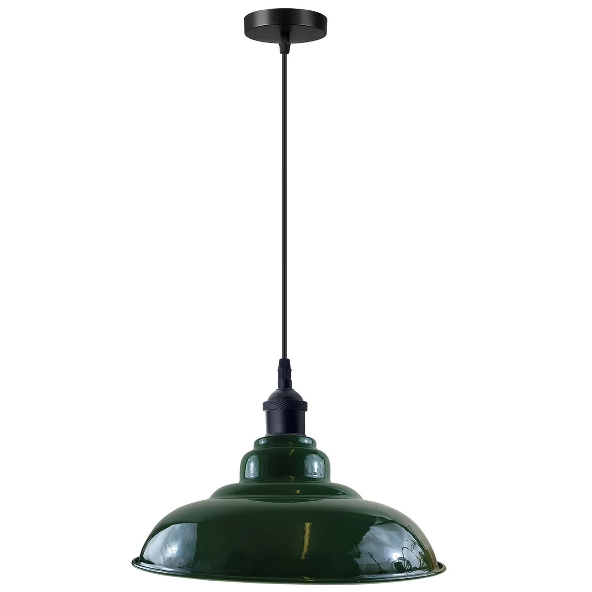Green vintage style pendant lamp with slotted metal barn shade hanging from ceiling.