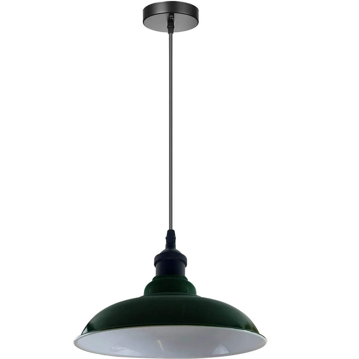 Green pendant lamp with slotted metal barn shade hanging from ceiling, E27 socket visible, industrial retro style.